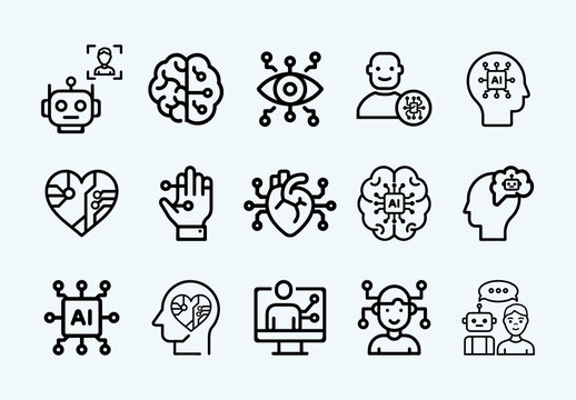 Black AI and Human Icons Line Art. Technology Icons Set