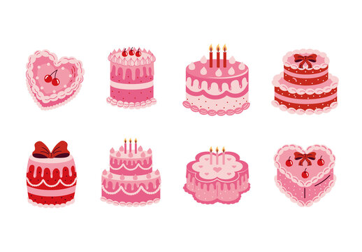 Pink and Red Birthday Cake Illustration Flat Design. Celebration Illustration Set