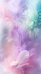 Obraz premium Dreamy pastel background with floating translucent feathers in soft pink and lavender shades, evoking feelings of peace and serenity. Ideal for digital artwork, mobile wallpapers