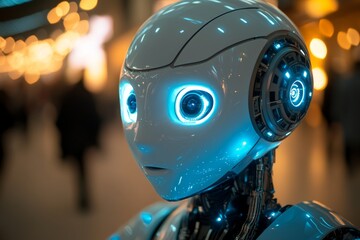 Fototapeta premium Humanoid robot with glowing blue eyes in a high-tech environment