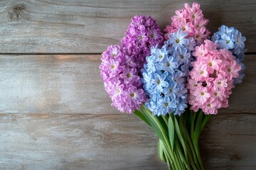 Arrangement featuring lovely spring blossoms on a colorful wooden backdrop