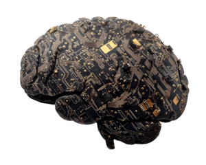 Electronic brain concept with a printed circuit board pattern, symbolizing digital intelligence.