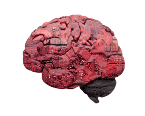 Electronic brain concept with a printed circuit board pattern, symbolizing digital intelligence.