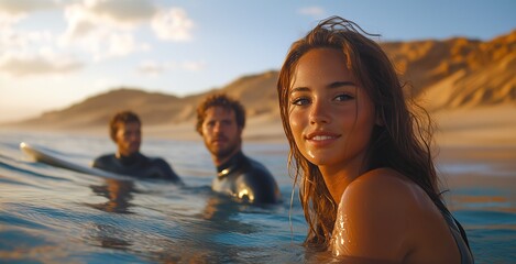 Group of Surfers in the Ocean with Smiling Woman in the Foreground, Desert Dunes in the Distance. Ideal for social media campaigns, lifestyle brands, and surf-related marketing materials.