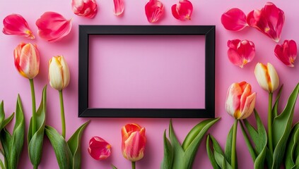 An AI-created greeting card with a top view of colorful tulips and a yellow text frame, for March 8, International Women's Day