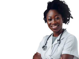 Portrait of a young African American female doctor on transparent background. PNG