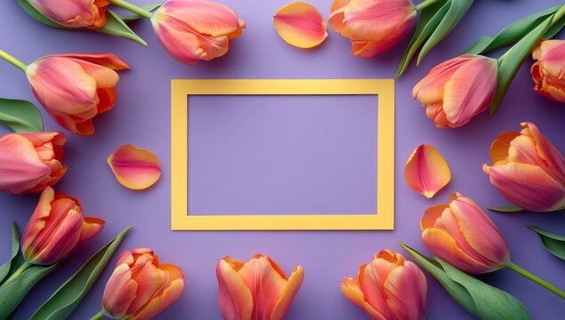A top-down view of colorful tulips on a greeting card, with a yellow text frame, for International Women's Day on March 8,
