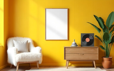 Scandinavian inspired living room with minimalist design, featuring a comfortable armchair and a blank picture frame.
