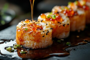 Delicious gourmet sushi rolls with sauce and garnish on a black plate