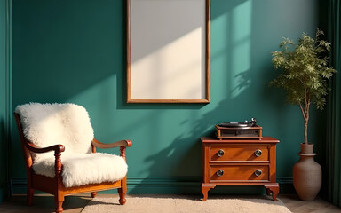 Bright and spacious living area with blank canvas mockup, comfortable seating, and large windows.