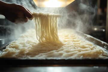 Chef pulling fresh handmade noodles in a steamy kitchen