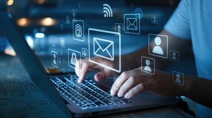 Person using laptop with email and social media icons