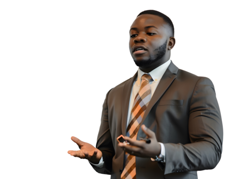 A black businessman making business presentation transparent background . PNG