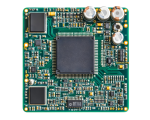 Electronic circuit board with a processor at the center.