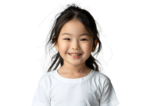 happy little Asian girl dressed in a white t-shirt on transparent background . PNG
