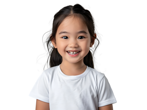 happy little Asian girl dressed in a white t-shirt on transparent background . PNG