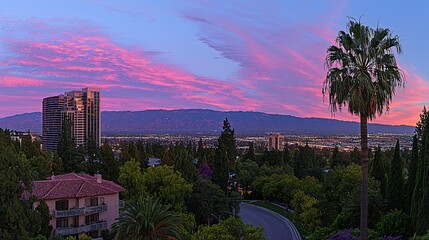 Pink Sunset over City Skyline and Mountains