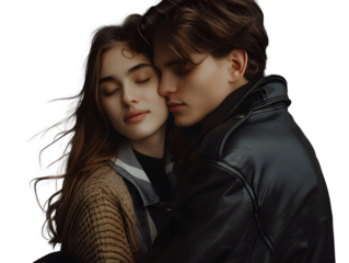 A stylish young couple man and woman hugging each other on transparent background. png