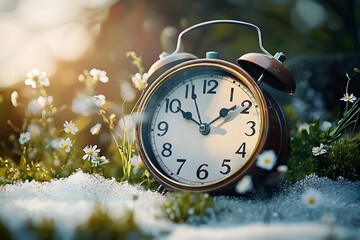 Spring forward. Time change in spring. Daylight saving time. Vintage alarm clock with melted snow, fresh green grass, and tiny spring flowers. Clock turn forward one hour in spring