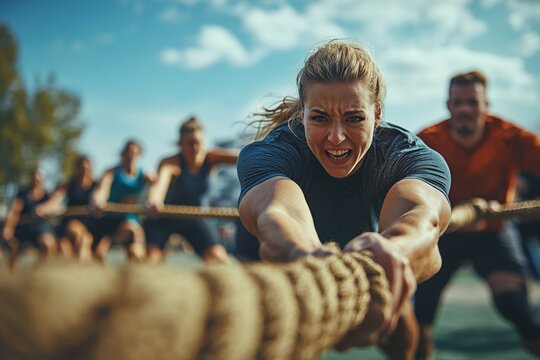 Group of people enthusiastically pulling a rope in a friendly outdoor competition