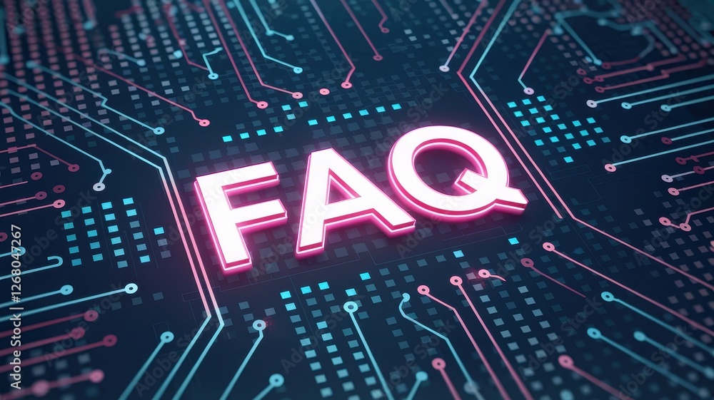 Poster neon letters faq on a circuit board background