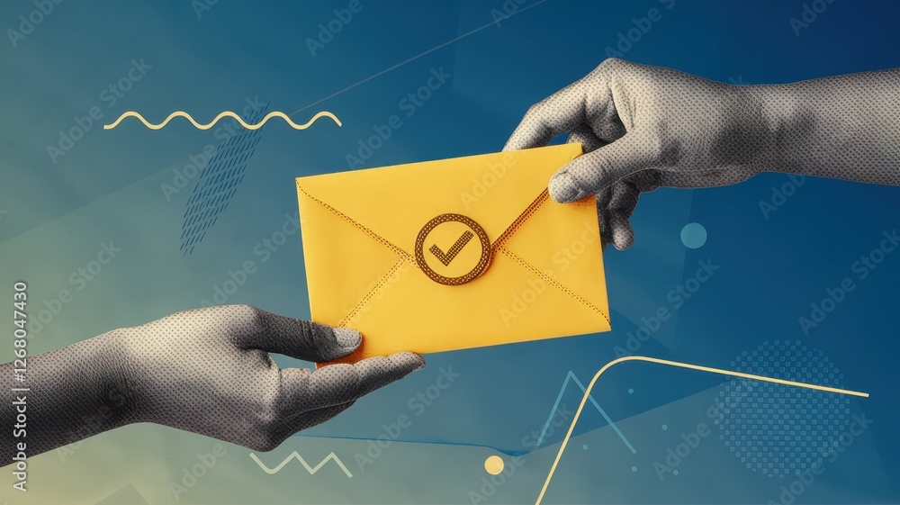 Poster hands pass a yellow envelope with a checkmark on it