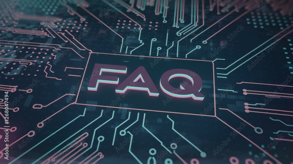 Poster faq text on a circuit board background illuminates information