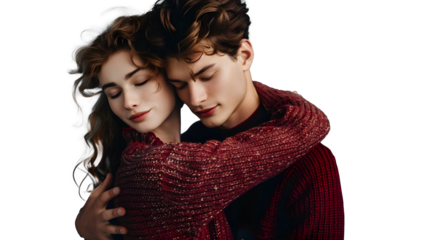 A stylish young couple man and woman hugging each other on transparent background. png