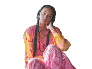 a woman with long black hair with braids dressed in pink on transparent background . PNG