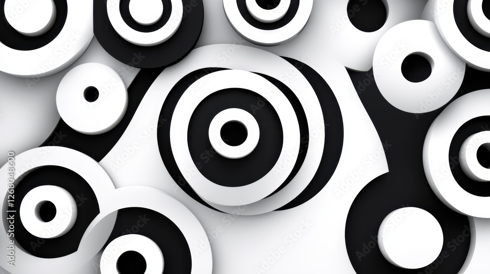 Poster black and white concentric circle pattern with varying thicknesses and arrangements, creating an abs
