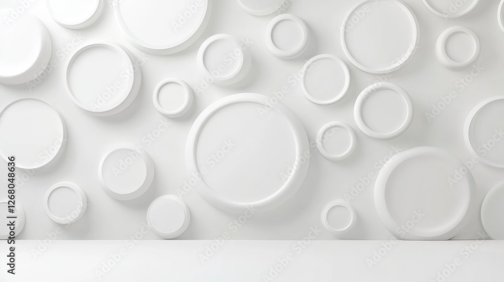 Poster white background with a pattern of variously sized and textured white circles, some with subtle inne