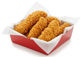 A red rectangular box filled with crispy golden-brown fried chicken tenders lined with white parchment paper