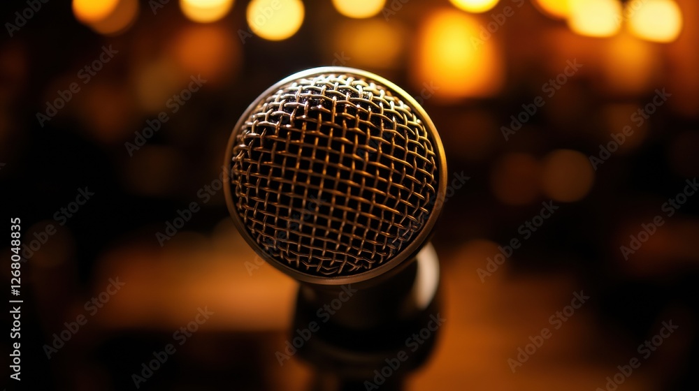 Leinwandbilder Close up of a microphone in a dimly lit venue, ready for a live performance or event to begin. Generative AI