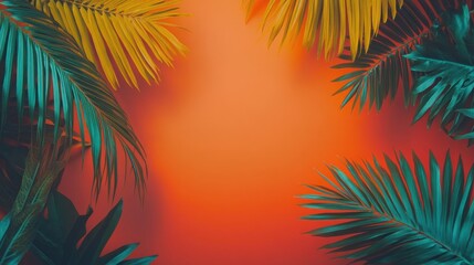 Tropical Palm Leaves Frame Orange Background