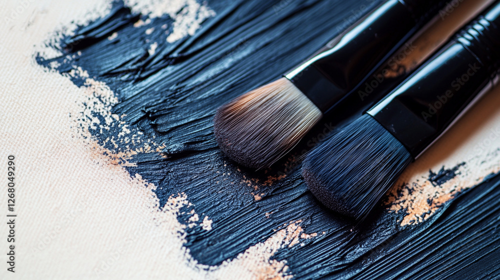 Poster brushes coated in dark paint resting on canvas with an artistic background