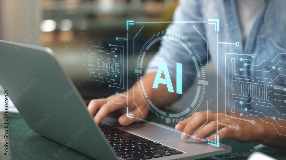 Poster person using laptop with overlaid artificial intelligence interface