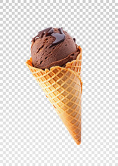 Realistic ice cream cone png vector featuring creamy chocolate ice cream with chocolate drizzle in a crunchy waffle cone. Great for food-related branding, menu designs, and dessert promotions.