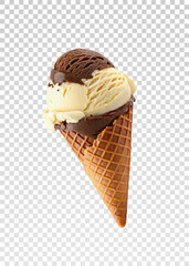 Realistic ice cream cone png vector featuring creamy chocolate ice cream with chocolate drizzle in a crunchy waffle cone. Great for food-related branding, menu designs, and dessert promotions.