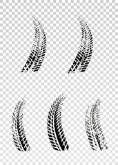 Traces of car, motorcycle tread. Curved realistic traces of tires of wheels from different types of tread vector png. Car wheels on disks.	
