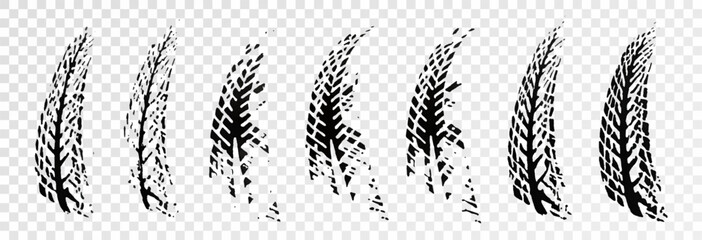 Traces of car, motorcycle tread. Curved realistic traces of tires of wheels from different types of tread vector png. Car wheels on disks.	
