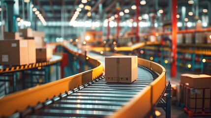 Cardboard packages on a conveyor belt inside a high-tech warehouse, symbolizing streamlined logistics and automated distribution. Ideal for illustrating e-commerce fulfillment, shipping