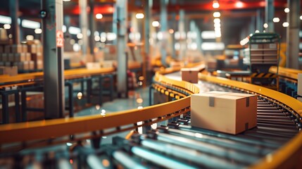 Cardboard boxes moving along a conveyor belt in a large warehouse, representing efficient supply chain and modern shipping logistics. Suitable for illustrating e-commerce fulfillment
