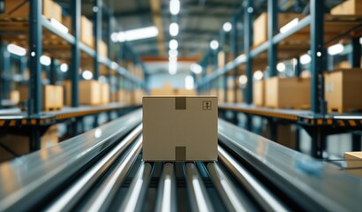 Multiple cardboard boxes traveling on an industrial conveyor system in a warehouse, symbolizing fast and efficient product distribution. Perfect for illustrating logistics