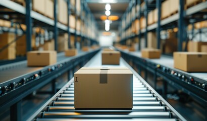 Cardboard boxes moving on conveyor belts inside an industrial warehouse, representing efficiency, automation, and logistics. Suitable for illustrating modern supply chain operations
