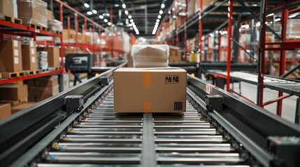 High-speed food packaging equipment working in an automated warehouse, focusing on modern technology in logistics and mass distribution.