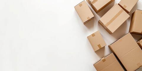 Top view of a stack of cardboard boxes on a white background, isolated in a minimalist composition with empty space. Ideal for mockups, branding, and product packaging designs.