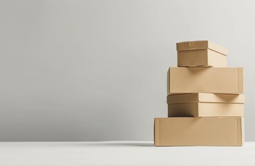 Stack of cardboard boxes on a white background, minimalist style with empty space for text or branding. Ideal for e-commerce mockups, packaging presentations, and delivery service ads.