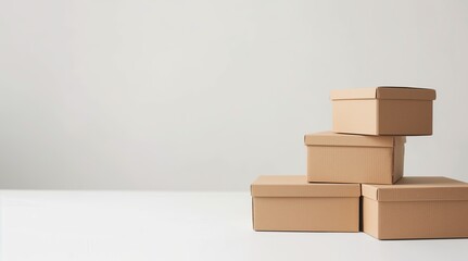 Stack of cardboard boxes on a white background, isolated with a minimalist design and empty space. Perfect for product presentation mockups, branding, and e-commerce visuals.