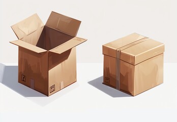 A set of two brown kraft cardboard boxes in 3D on a white background. A simple and clean concept for shipping, moving, and commercial use.