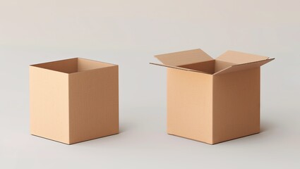 Two brown cardboard boxes in different perspectives on a plain white background. Perfect for branding, product packaging, and delivery services.